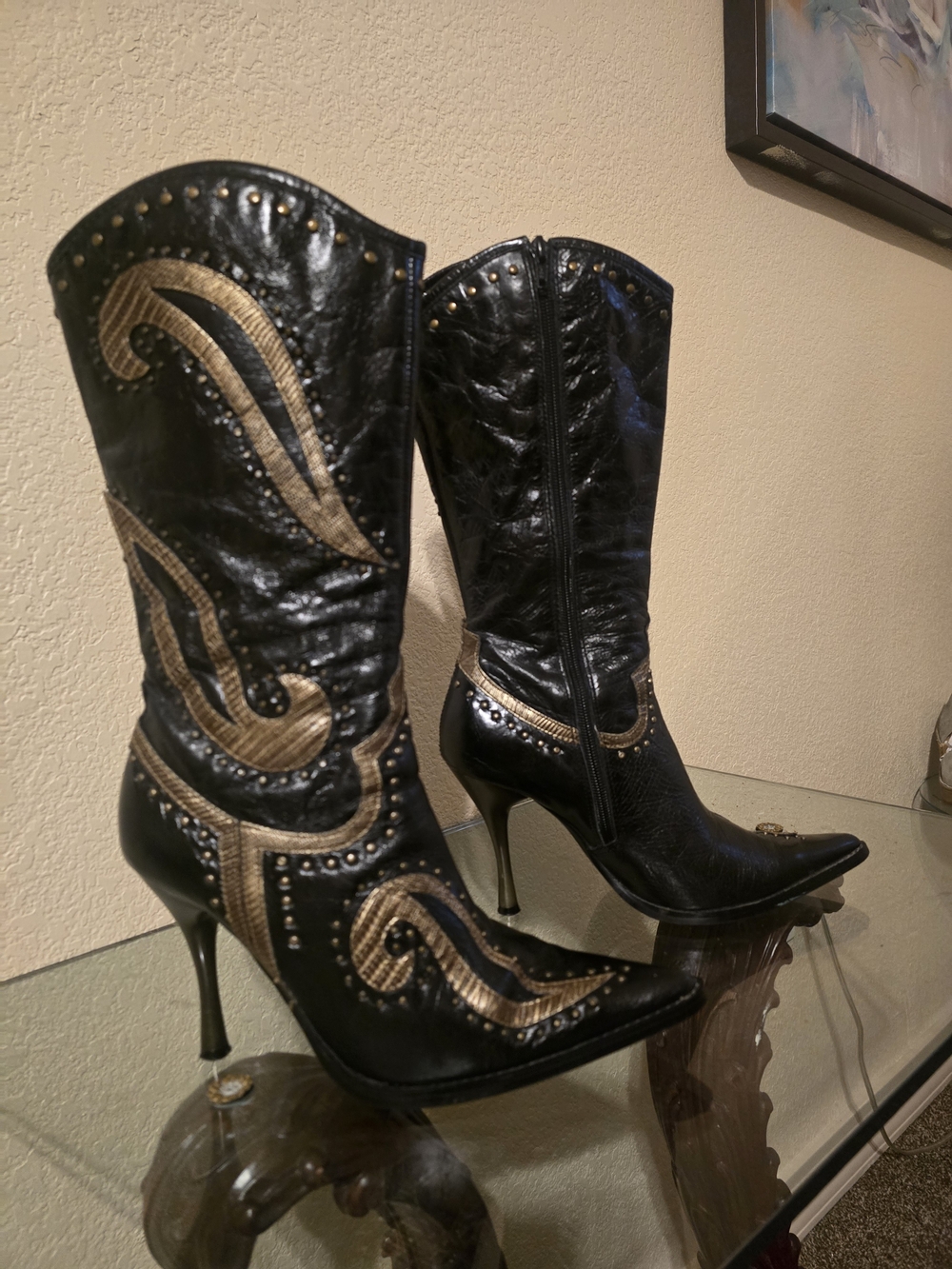 Dollhouse Sz 8  Black and Gold Embellished  High-Heel Boots .
